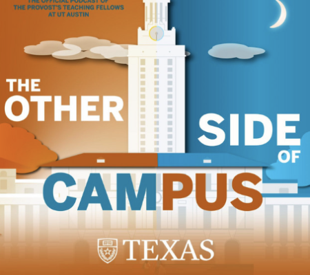 Cartoon drawing of the UT tower on a blue and orange background.