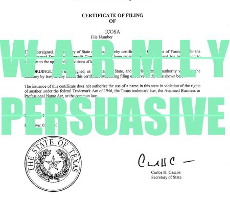 text reading WARMLY PERSUASIVE overlaid on top of official document to secretary of the state of texas