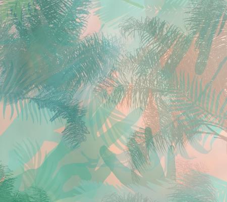 graphic design featuring green hand outlines and green palm fronds backgrounded by pink