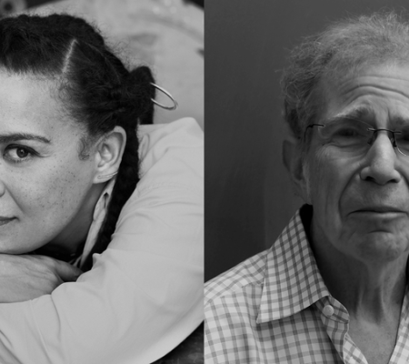 headshot portraits in black and white of artist ellen Gallagher to the left and art historian richard shiff to the right