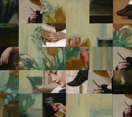 tableau of green and greenish-grey tiles with snippets of bodies and faces