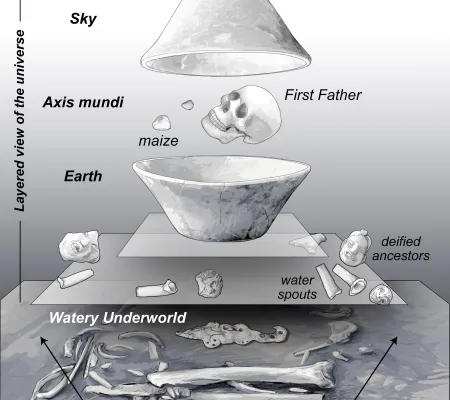 diagram in black and white and grey depicting artistic reconstruction of burial site for UT Austin Mesoamerica Center Colloquium Series talk from Jaime Awe
