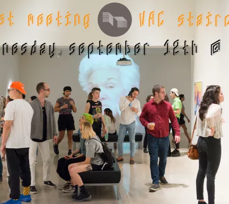 students and audiences within exhibition overlayed with text about general meeting