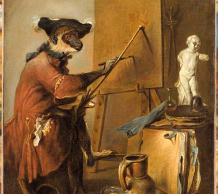 painting of animal portrayed as painter at easel