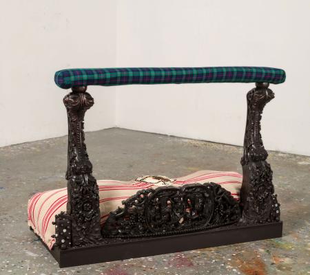 Sheila Pepe piece American Bardo 2.0 depicting fabric attached to segments of wood furniture