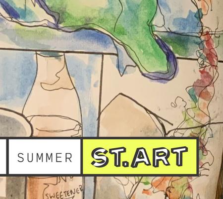 logo for summer start program in white and yellow overlaying detail image of a drawing with many colors