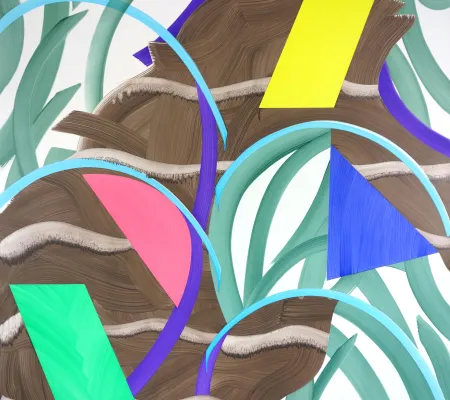 painting pairing saturated playful colors among muted cool colors and grey in dynamic abstraction from artist Stephanie McMahon featured in New American Paintings and Hyperallergic
