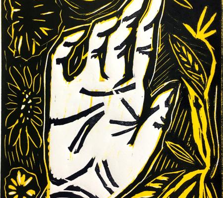 black white and yellow woodcut print from artist Lauren Moya Ford