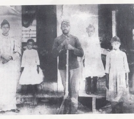 main title image for Austin the Friendly City and depicts images of Clarksville family from Austin in front of Hezikah Haskell house in Clarksville