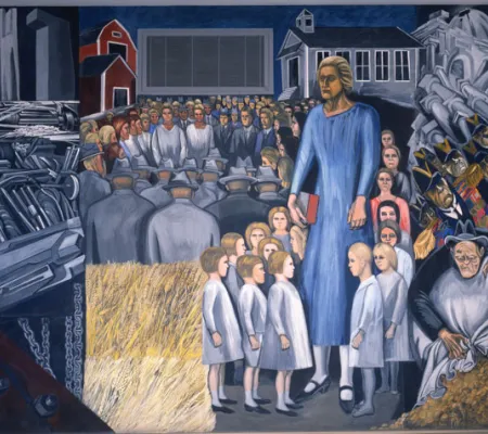 mural painting from artist José Clemente Orozco called The Epic of American Civilization: Anglo-America a fresco found at Hood Museum of Art