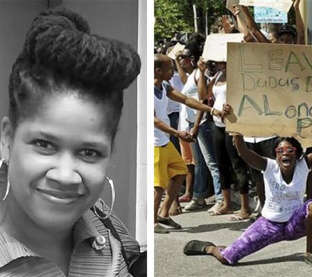 two images side by side on the left a woman with hoop earrings and to the right a protester holding a sign pleading for Dadus Dudus alone