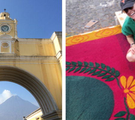 diptych image of a bridge from below and a student working on an alfombra during UT Austin's study abroad program in Guatemala