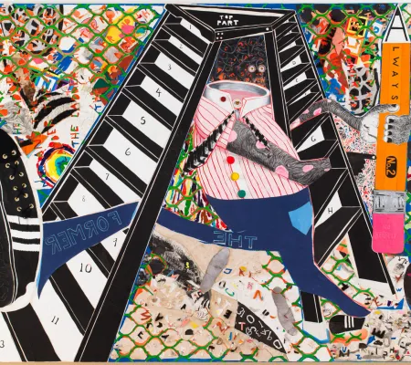 colorful painting with interlacing elements and characters surrounding large disembodied legs with leaping foot