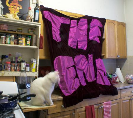 image of black curtain with pink text sewn on in a kitchen