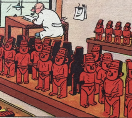 cartoonish illustration of a workshop where multiple copies of famous sculptures are being manufactured