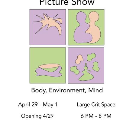 poster image for a photography show titled Picture show and an image of a simple grid and abstract forms in orange green and purple