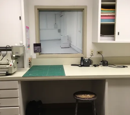 a room with a desk and a risograph printer