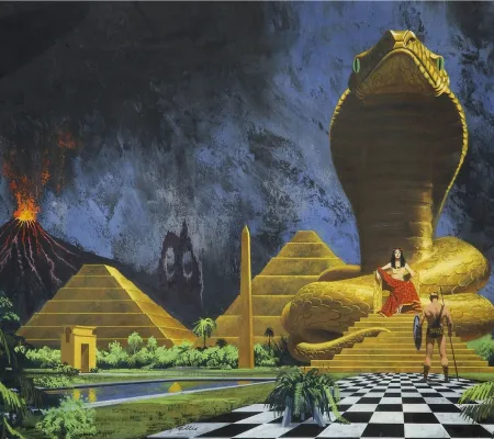 science fiction esque illustration of an ancient world populated by volcanos, pyramids and giant sphinx statues