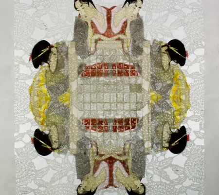 historical Japanese imagery of two women who are placed behind a screen