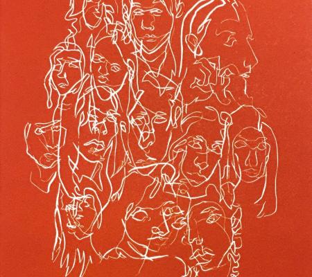 drawn portraits of many people overlapping in white on a red background