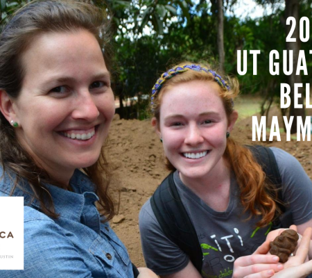 Maymester in Guatemala and Belize from University of Texas at Austin Global study abroad program led by faculty into cultural heritage and art seen here with faculty and student