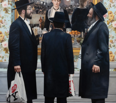 painting of three Jewish men standing in front of a painting by Manet