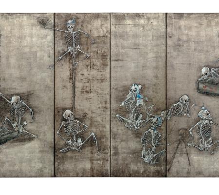 Pair of six-panel screens; ink, color, gold pigment and silver leaf on paper
