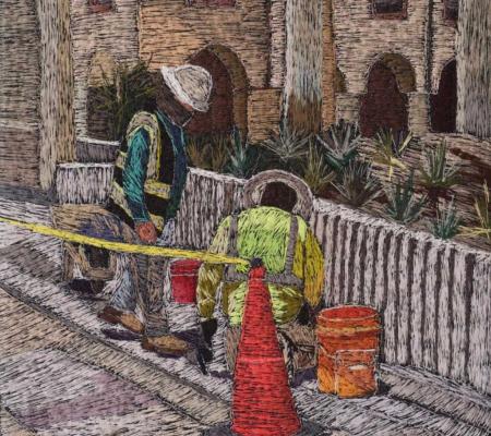 embroidered artwork that portrays utility workers at a manhole in street