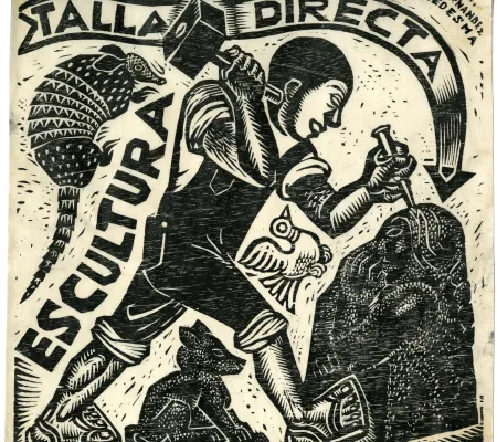 print with a man hitting a rock on it