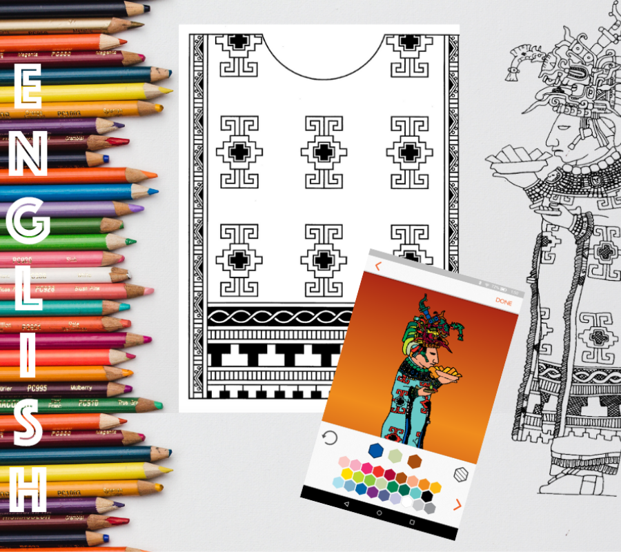 Graphic for a workshop depicting maya hieroglyphics and coloring pencils for an international archaeology day workshop with the university of texas at austin mesoamerica center