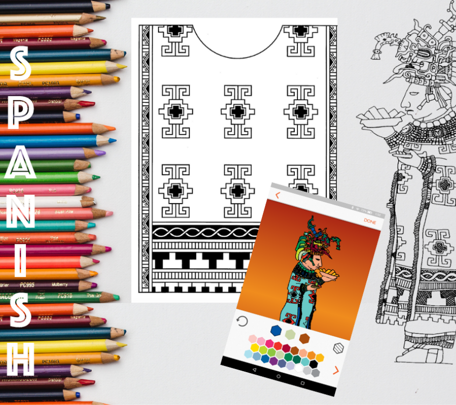 graphic for a workshop depicting maya hieroglyphics and coloring pencils for an international archaeology day workshop with the university of texas at austin mesoamerica center aligned on the side reads text that says Spanish