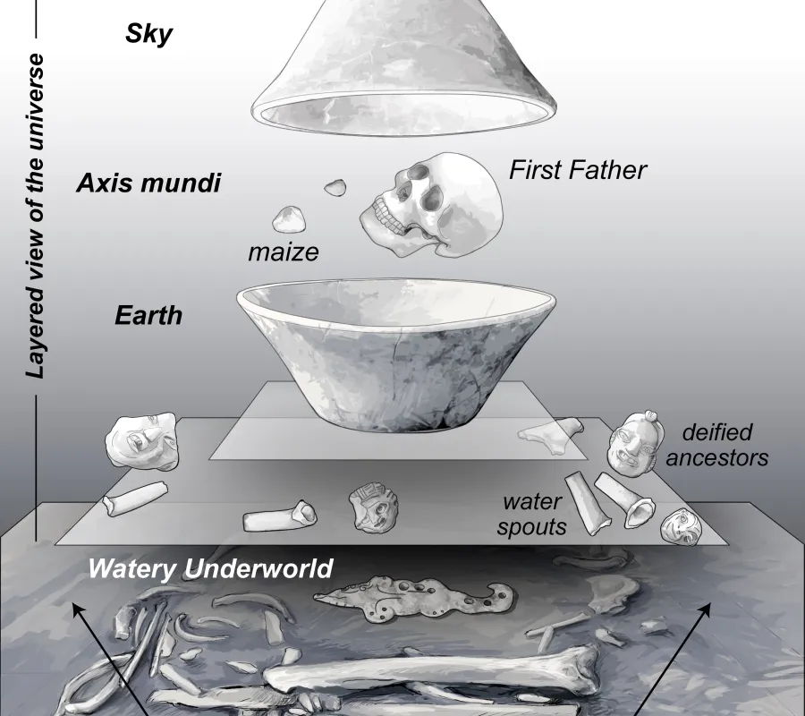 diagram in black and white and grey depicting artistic reconstruction of burial site for UT Austin Mesoamerica Center Colloquium Series talk from Jaime Awe