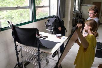 student setting of large-format camera