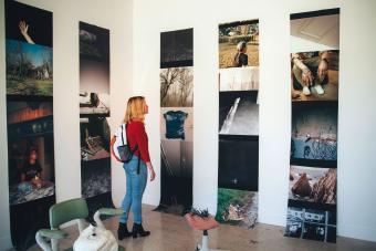 student looking at photographs on a wall