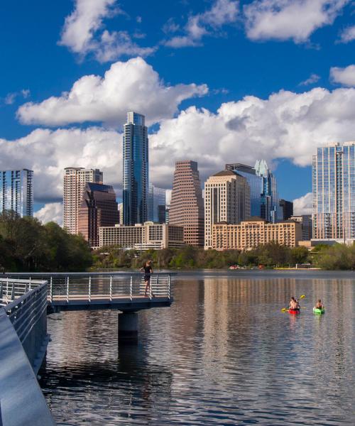 view of trail boardwalk against Austin skyline