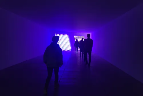 students in dark room with fluorescent lights