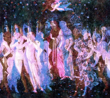 The image depicted is an artwork by Johnston. The background is an inversion of red and blue hues contrasting against pale pink statuesque figures in a garden. 