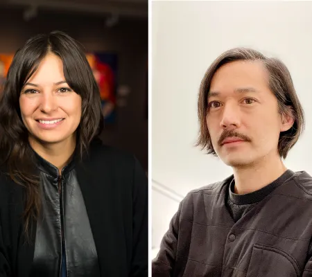 side by side portraits of the curators Howie Chen and Candice Hopkins