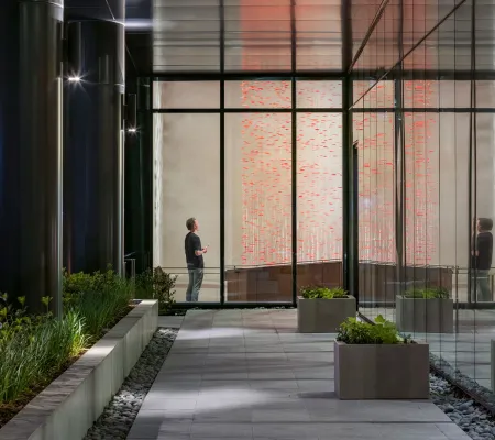 Installation of a Beili Liu sculptural installation on site in public from architecture firm Page Inc