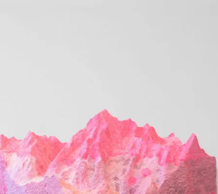Organic Rock in fuchsia and pink monotones set in front of gray backdrop. 