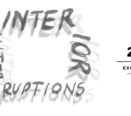 poster image for an exhibition with words interior interruptions displayed in text in the shape of a square