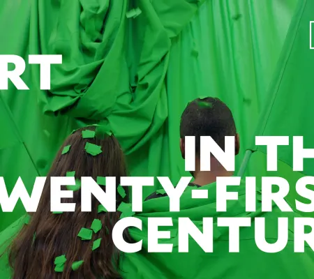 green screen with two figures with text 