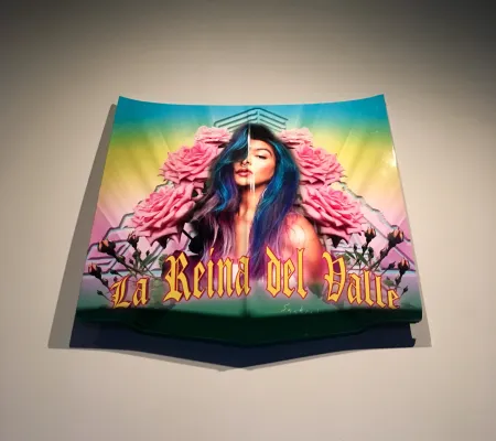 car hood spray painted with glorified gorgeous members of the San Antonio trans community by artist Saakred at the UT Austin Visual Arts Center (VAC)