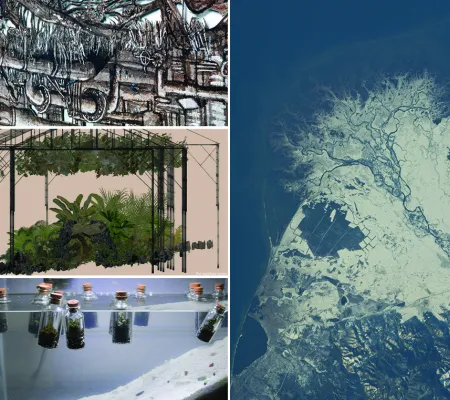 Four images in a grid. Top right shows a detail from a sepia and black drawing of machinery, pipes, and root-like threads. The image below is computer generated with a beige background 