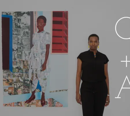 portrait of artist and text overlay 