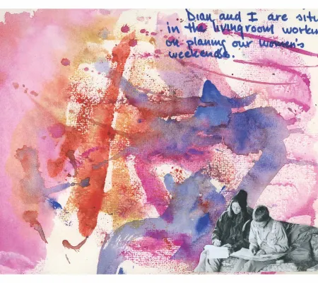 Collage of watercolors in pink and purple with blue vertical text 