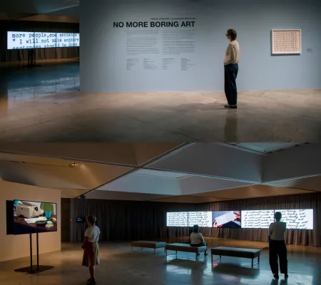 two images of people looking at an exhibition in a gallery