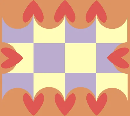 graphic with checkerboard pattern with scalloped border overlaid with abstract hearts