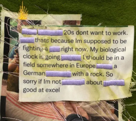 composite image showing cloth printed with text with certain words redacted with purple embroidery thread