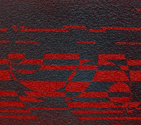 artwork that includes geometric pattern in black and red with a visibly textured surface